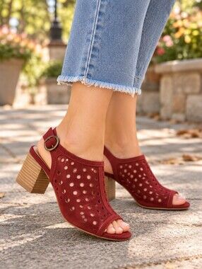 Bos. & Co. Burgundy Suede Perforated Peep Toe Slingback Block Heel Mules Casual